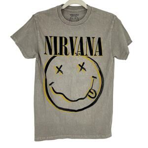 Officially Licensed Nirvana Nevermind Smiley Grunge Tee Beige Acid Wash Small